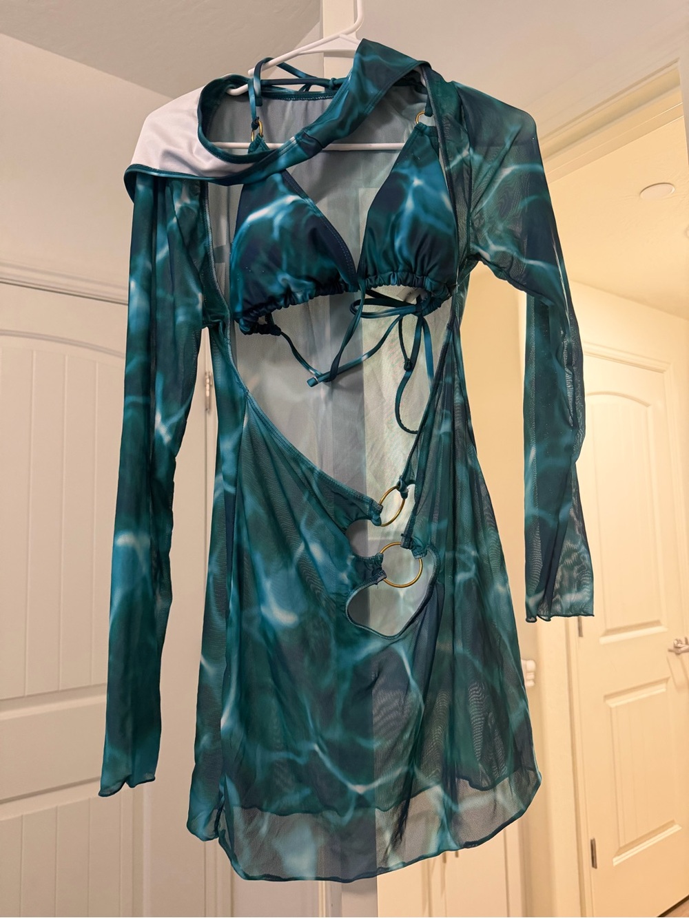 Teal Waterprint Mesh Cutout Cover-Up with Triangle Bikini